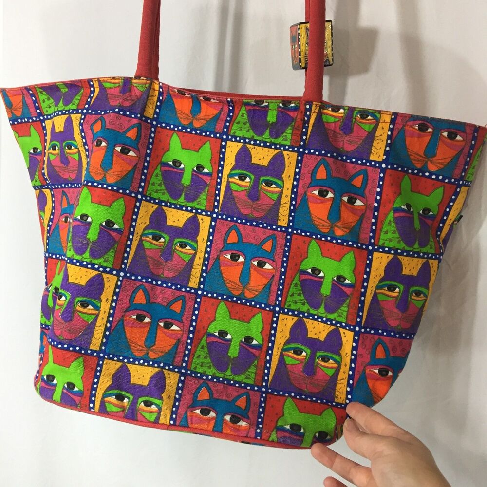 Laurel Burch Multicolored Cat Canvas Tote Bag Beaded Sequin Colorblock Charm - Picture 6 of 10